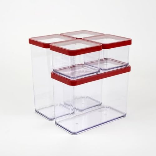 Rotho Loft 5er-Set Vorratsdosen mit Deckel verschiedene Größen, lebensmittelechter Kunststoff (PP) BPA-frei, transparent/rot, (21.4 x 21.4 x 23.5 cm) | Rotho Aufbewahrungsbox mit Deckel, 5er-Set mit verschiedenen Größen, lebensmittelechter Kunststoff PP, transparent und rot