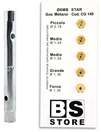 BSSTORE Chiave a Tubo 6/7 + 5 Ugelli 6MB Gas Metano Universali per Cucine e Forni | Misure (Piccolo 0,78-2x Medio 1,03 - Grande 1,30 - Forno 1,30) CG149