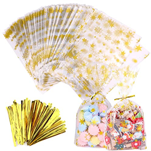 100 Stück Kekstüten Weihnachten,Gold Sterne Cellophantüten mit Boden,Durchsichtig Geschenktüten,16x9.5cm Geschenkbeutel Weihnachten mit Krawatten für SüßIgkeiten Chocolate Brot (14x23x6cm)