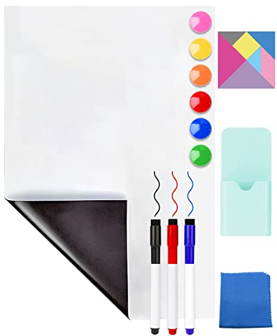 CHMMY Magnetic Whiteboard Paper, 45 x 100cm, Self-Adhesive Dry Erase Board Sheets, Whiteboard Film Stick on Wall for Office, Home, School, 3 Whiteboard Markers, 6 Magnets, Cloth, Tangram, Pen Holder