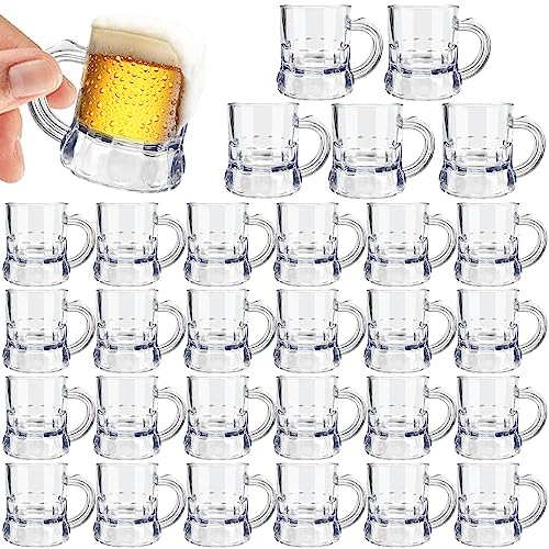 Irrmshr 30 mini tazas de cerveza de plástico, vasos de chupito de plástico transparente de 1 onza con asas, vasos de degustación reutilizables para beber, festivales, fiestas, barbacoas