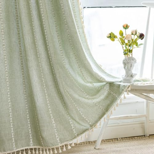 Sage Green Boho Farmhouse Curtains for Bedroom & Living Room - 84 Inch Long, 2 Panel Cotton Linen Window Curtains with Bohemian Tassel Drapes, 55 W x 84 L