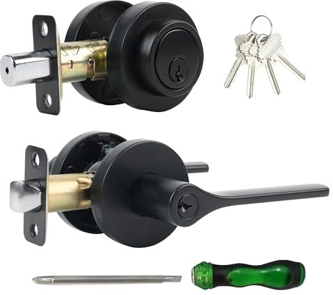Haustürgriff und Riegel-Set, Eingangstürhebel mit Einzylinder-Riegelschloss, robuster Türgriff mit Riegelschlössern für Außentüren (mattschwarz, 1 Stück)