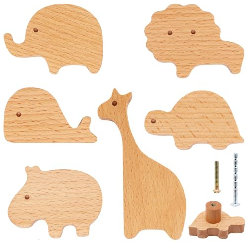 YuGtcen Schrankknäufe aus Holz, niedliche Tier-Schubladengriffe, Kinderzimmer, Kommode, Waldtiere, Holzknöpfe zum Basteln, Griffe für Möbel, Schrank, Tür, 6 Stück, Tiere
