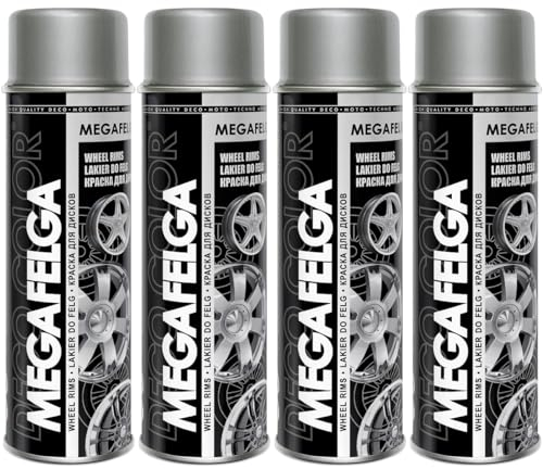 Deco Color 4er Sparpack MEGAFELGA SILBER RAL 9006 GLANZ in 500ml - Felgenlack - Lackspray für Alufelgen und Stahlfelgen (4 Dosen 500ml Felgenlack Silber)