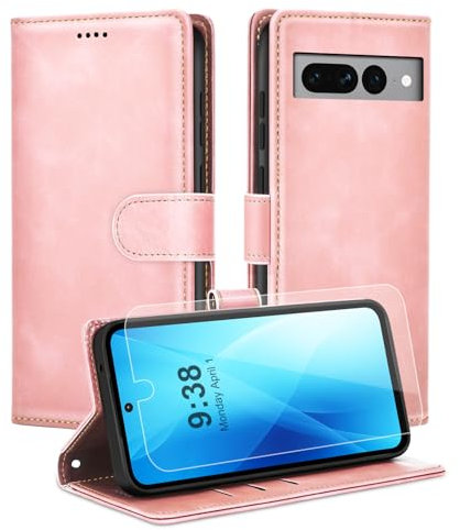 Noyabox Handyhülle für Google Pixel 7 Pro [Exklusive Textur] Klapphülle：1*Schutzfolie & 3*Kartenfach, Standfunktion Klappbar Stoßfeste Lederhülle Hülle Flip Case, Rosa