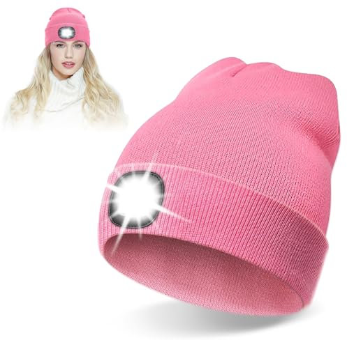 UQTUKO LED Mütze mit Licht, Wiederaufladbare USB Strickmütze mit Licht Beanie Beleuchtete Mütze Winter Warme Stirnlampe Laufmütze für Damen für Angeln, Jogger, Camping, Laufen (Rosa)