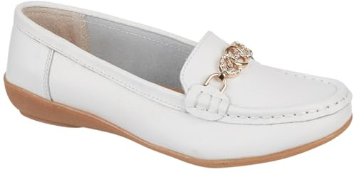 Jo & Joe Mocassins à enfiler en cuir pour femme Effet doré et bordure en strass, blanc, 37 EU