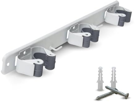Parence.- Triple Support Mural à Visser pour Balais et Accessoires - Accroche Balai 3 Supports + 2 Crochets - 37cm)