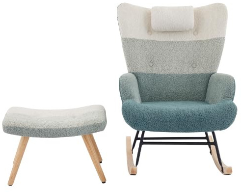 HAINEW Schaukelstuhl Schaukelsessel mit Hocker, Schwingsessel Armlehnsessel Gepolsterter Sessel Relaxsessel für Schlafzimmer, Wohnzimmer, Bouclé-Stoff