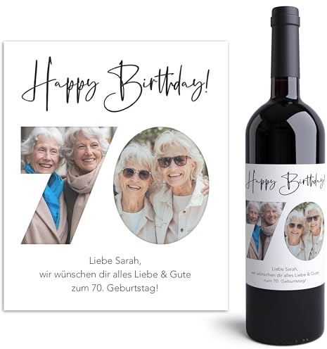 70. Geburtstag Weinetiketten personalisiert mit Foto Flaschenetiketten selbst gestalten Geburtstagsgeschenk Geschenk Fotogeschenk Weinflasche Etiketten 2 Stk. | 10x12 cm