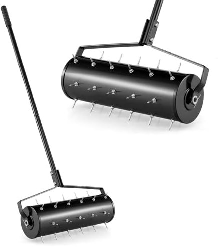 COSTWAY Garden Rolling Lawn Aerator, 45cm/53cm Manual Grass Spikes Roller with 130cm Detachable Handle, Heavy Duty Steel Rotary Push Pull Tine Garden Lawn Tool (53 x 130cm(L x H), Black)