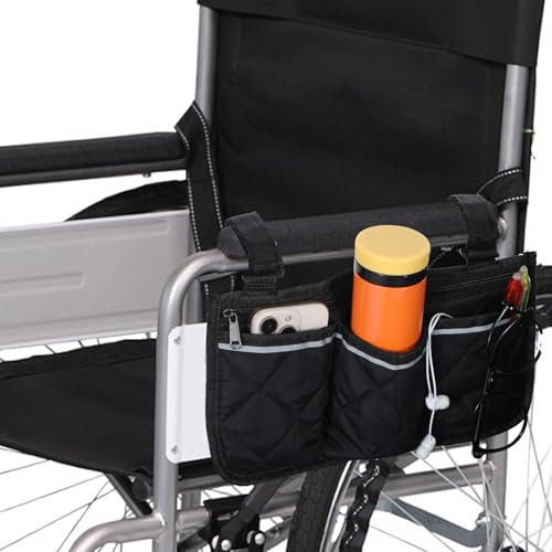 Oruola Wheelchair Side Bag,Wheelchair Bag Organizer with Pockets,Black Waterproof Wheelchairs Armrest Side Bags for Back of Chair for Mobility Scooter Walking Frame(1pcs)
