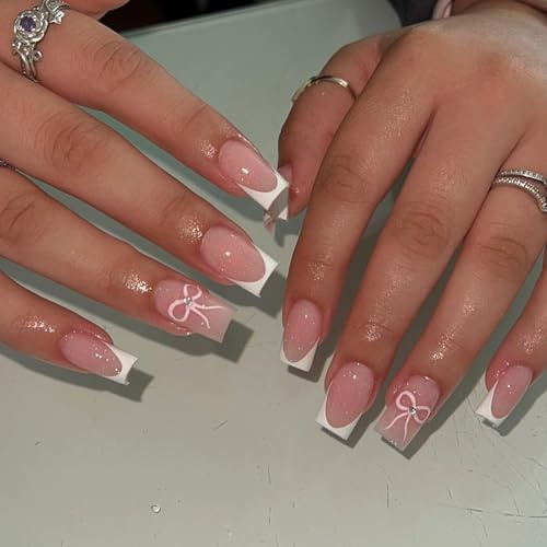 Press on Nails,24PCS French False Nails - Medium Square False Nails - White Tip Bow Design Full coverage Glossy false nails with Glue - Stick on Nail for Women Girls