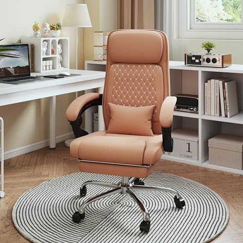 NSMAZXO Bürostuhl,großer Computerstuhl mit hoher Rückenlehne aus PU-Leder,ergonomischer Chefsessel mit Fußstütze,Home-Office-Schreibtischstuhl mit 135° Verstellbarer Rückenlehne und Lendenstütze,Gelb