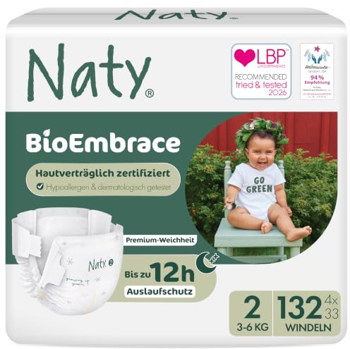 Naty BioEmbrace Baby Newborn Diapers | Sensitive Skin Safe Certified | Leak Protection up to 100% | Plant-Based Teddy Softness, Premium Comfort | Chlorine-Free | Size 2 (6–13 lbs), 132 Count