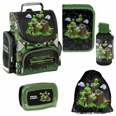 PASO- Schulranzen für Jungen und Mädchen, 6er-Set - Schul-Rucksack für Kinder mit Federmäppchen - Schuhbeutel Trinkflasche und Brotdose - Game Motiv- 1-3 Klasse