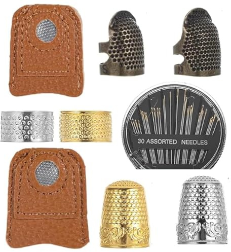 Alriedy 9-delat set med fingerborgar – premium fingerborgsringar av metall och läder | Justerbart fingerskydd för handsömnad, broderi och quilting | inkl. stickplatta och halkfri design | för