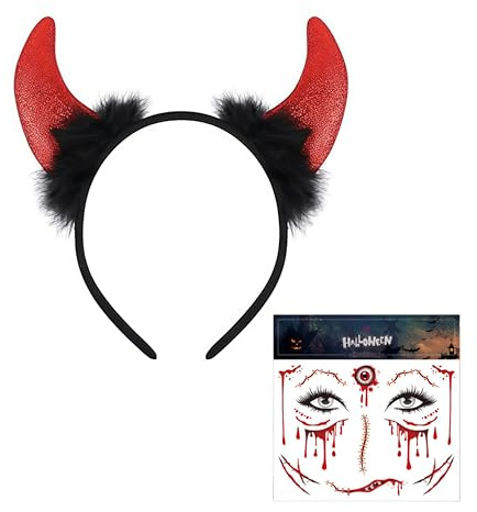 THXFUNAREA Teufelshörner halloween haarreif damen,halloween teufelshörner rot, Inklusive hörner kopfschmuck und Gesicht Tattoo für Halloween Party Cosplay Karneval halloween accessoires