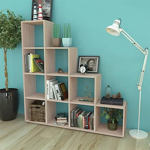 QUAHEAS Trapphylla bokhylla ekfärg 142 cm, stabil stående hylla med 10 fack, mångsidig arrangör för böcker och förvaring i vardagsrum, sovrum, kontor