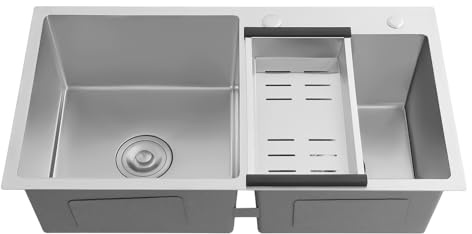 DOPBENT Lavabo doppio 37 x 38 cm, lavello angolare da incasso con scolapiatti, in acciaio inox con scarico per ristorante lavanderia