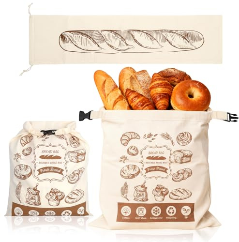 KQDRAVINE 2pcs Linen Bread Bags with Buckle, 30 X 40 Cm Bread Storage Containers with TPU Inner Layer and 16 X 64 Cm Baguette Bags, Reusable Linen Bag for Sourdough Buns Croissants to Keep Fresh
