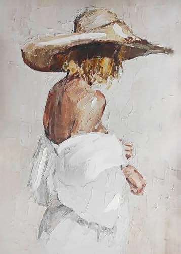 STYLER Leinwandbild Charlotte 70 x 100 cm – Canvas-Handpainting mit Frau in Weiß – Sinnliche Kunst mit Strohhut – Sensual Serenity Kollektion – Elegantes Wandbild in sanften Naturtönen