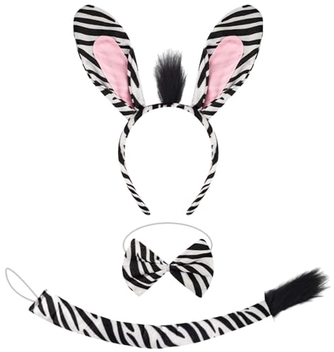 Xgvzs 1 Stück Zebra Kostüm Damen und Kinder Zebra Ohren Haarreif Schwänze Schleifen Gesicht Aufkleber Haarreif Fasching Kostümset Tierkostüm Damen