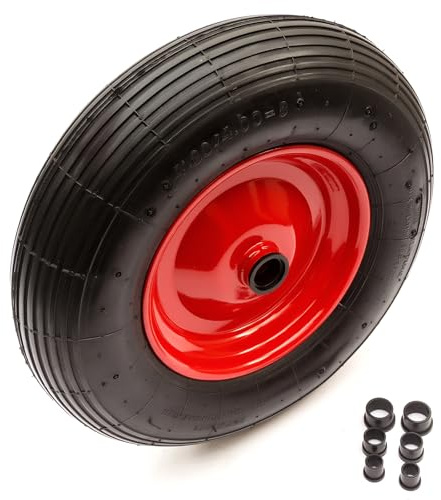 4.80/4.00-8 Red Metal Wheel & Pneumatic Tyre 15 Inch Wheelbarrow 26mm / 20mm /16mm / 12mm Bore Options 75mm Hub Length Easy Fit Reducer Bushes Wheel Barrow Cart Fits 4.00-8, 4.80-8