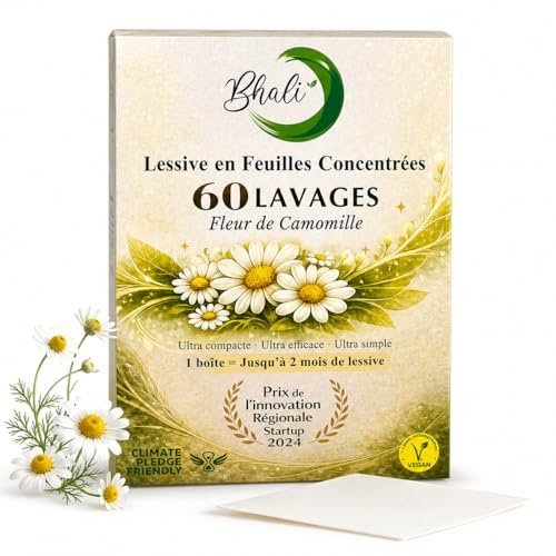 Feuilles de Lessive Ecologique – 60 Lavages | Parfum Camomille | Machine & Main | Toutes Temperatures | Lessive Concentree Sans Plastique | 0,28€/lavage | Bhali