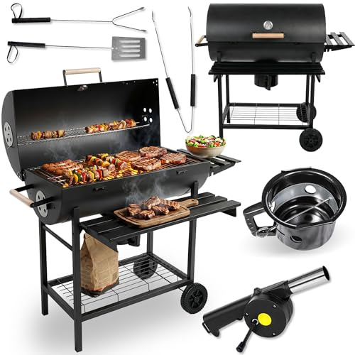 Five-Star Grill&Chill Holzkohlegrill mit Deckel – Großer Grillwagen mit Chromrost 71×35 cm & Thermometer – Für Garten & Terrasse – Aschekasten, Lüftungsöffnungen, 2 Räder