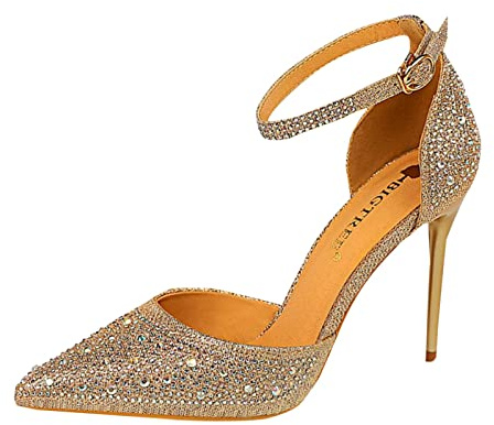 Glitterpumps dam eleganta höga klackar med strass ankelremmar klack skor glänsande brudskor spets kvällsskor stilettos bröllopsskor 12 cm klackhöjd högklackade skor