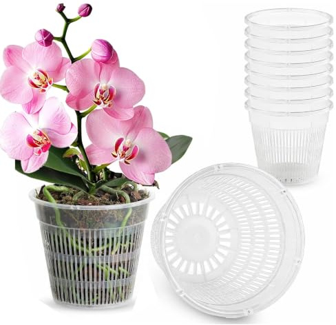 Chovize 8 Pcs Premium Clear Orchid Pots with Drainage Holes, Orchid Pots with Holes and Saucers for Repotting, Ideal Orchids Repotting Kit for Succulents and Root Growth