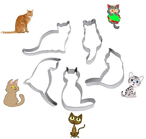 Cookie Cutters, 5 Pcs Cute Cat Shape Cookie Cutter Stainless Steel Biscuits Cutters Molds Baking Tools for Christmas Halloween Birthday Biscuit Pastry Fondant Sandwich Cake Decoration (Silver)