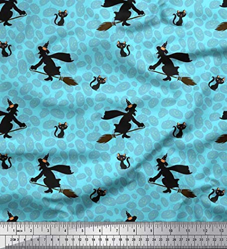 Soimoi Blau Baumwoll-Voile Stoff Kurbis, Katze & Hexe Halloween Stoff Meterware 42 Zoll breit
