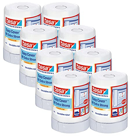 tesa Easy Cover 4373 UV Extra Stark, 8 x Malerband mit Folie, 12 m x 0,55 m | UV-beständiges Gewebeband mit extra belastbarer Malerfolie - zum Abkleben und Abdecken im Außenbereich - Transparent
