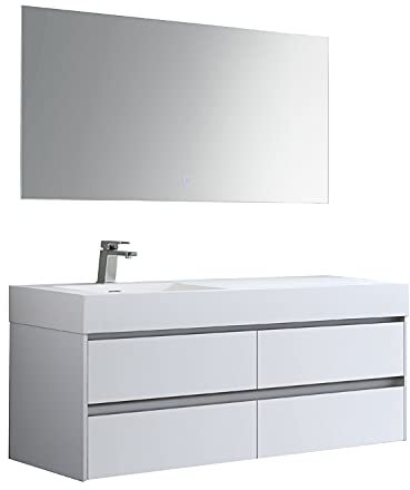 StoneArt Badmöbel-Set mit Mineralguss Waschbecken und Unterschrank und LED Spiegel Touch-Sensor Waschtisch als Einzel- oder Doppelwaschbecken Mailand ML-1400 weiß matt 140cm links