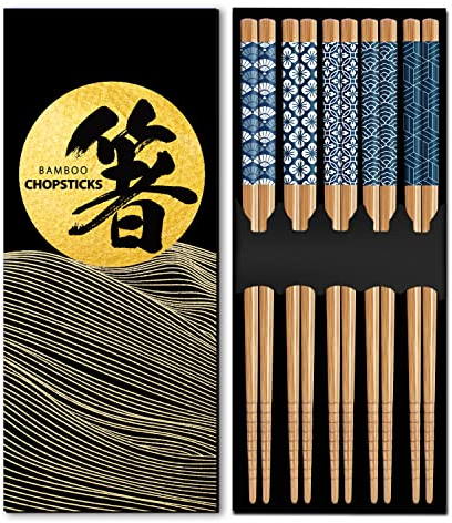 KYONANO Essstäbchen, 5 Paare Japanische Stäbchen aus Bambus, Wiederverwendbare Chopsticks, 23cm Sushi Stäbchen, Waschbar Essstäbchen Set für Geschirrspüler, Leicht rutschfest Essbesteck