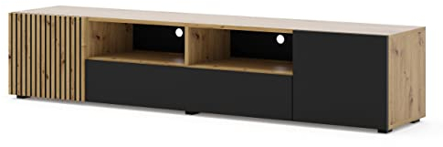 BIM Furniture TV Lowboard AURIS – 200x42x42 cm Stehend Wohnzimmermöbel, Grifflose Fronten, Stauraum – Eiche Artisan/Schwarz Matt