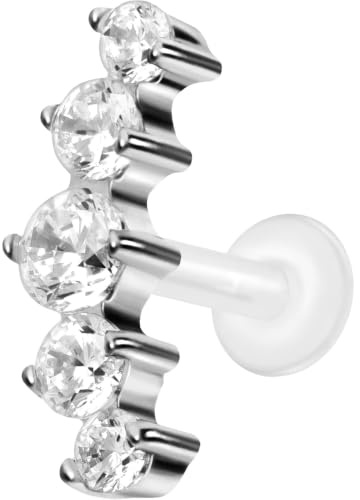 PIERCINGLINE PTFE Labret mit Innengewinde Titan Aufsatz 5 EINGEFASSTE KRISTALLE Piercing Lippe Nase Ohr Helix Tragus Medusa Farb & Größenauswahl