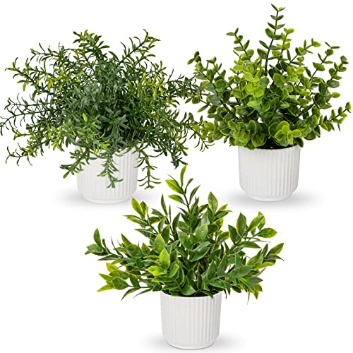 Juego de 3 plantas artificiales en maceta, pequeñas plantas artificiales para interiores, helecho Boston sintético, eucalipto, romero, oficina, decoración de escritorio