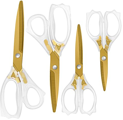 Uaugulft Acrylic Scissors, Sharp Titanium Blades with Ergonomic ABS Handle, Multi-Purpose Scissors Set of 4, Suitable for Sewing and Household, Clear and Gold-Toned