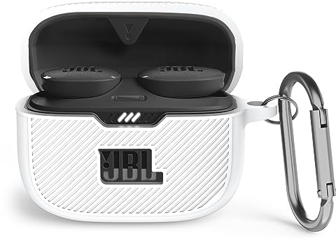 MOWYEOK Silikon Hülle kompatibel mit JBL Tune 130NC TWS, Tragbare Kratz und stoßfeste Silikonhülle, Front LED sichtbar, für JBL Tune 130NC TWS Gehäusezubehör, mit Karabiner - Weiß