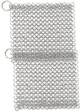 2Pcs Chainmail Scrubber Cast Iron Cleaner, Stainless Steel Scrubber for Cleaning Cast Iron, Wok, Cooking Pot, Griddle or Cast Iron Cauldron Maintenance, Square 8 inch