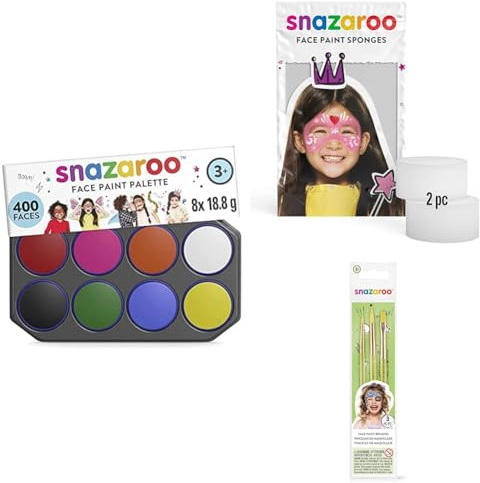 Snazaroo Water Based Face Paint Palette, 8x18ml + Face Paint Brushes, Set of 3 + High Density Sponges, Set of 2