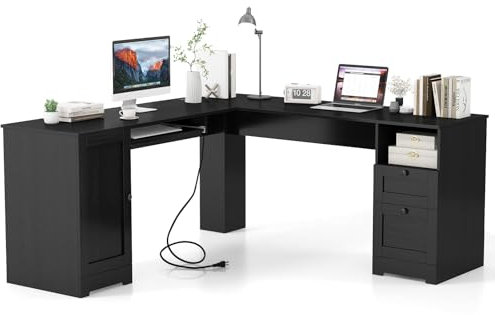 COSTWAY L-Shaped Computer Desk, 168cm Modern Spacious Corner Desk with Power Outlets, Drawers, Cabinet & Keyboard Tray, Wooden Gaming workstation for Home Office (Black)