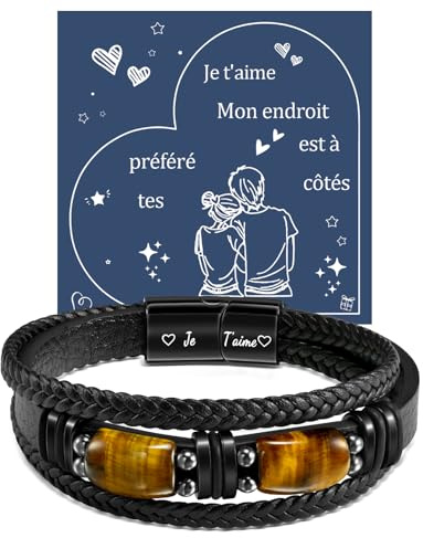 YELUWA Bracelet en Cuir Oeil de Tigre pour Homme, À Mon Homme, Idée Cadeau Anniversaire Amour pour Copain Couple Saint Valentin Noël Mari