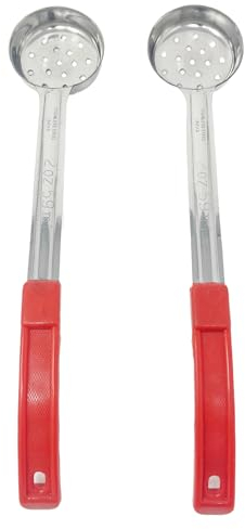 Generic 2 Pack - 2 oz. Slotted Portion Control Scoops, Spoodles - Red Handle Perforated Food Serving Spoon, Small, Silver, MCP02EP