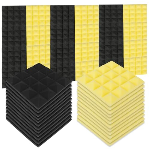24 Stück Akustikschaumstoff,25x25x5cm Akustische Schaumstoffplatte Hochdichte Schallabsorber Wand für Tonstudio,Büro,Spielzimmer (12x Schwarz + 12x Gelb)