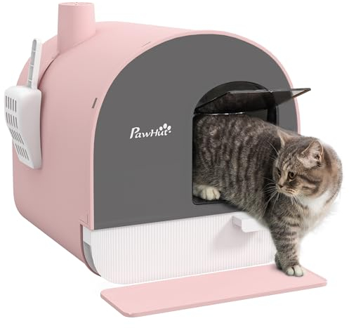 PawHut Cat Litter Tray, Hooded Cat Litter Box with Mat,Scoop,Filter, Flap Door, 43 x 44 x 47cm - Pink